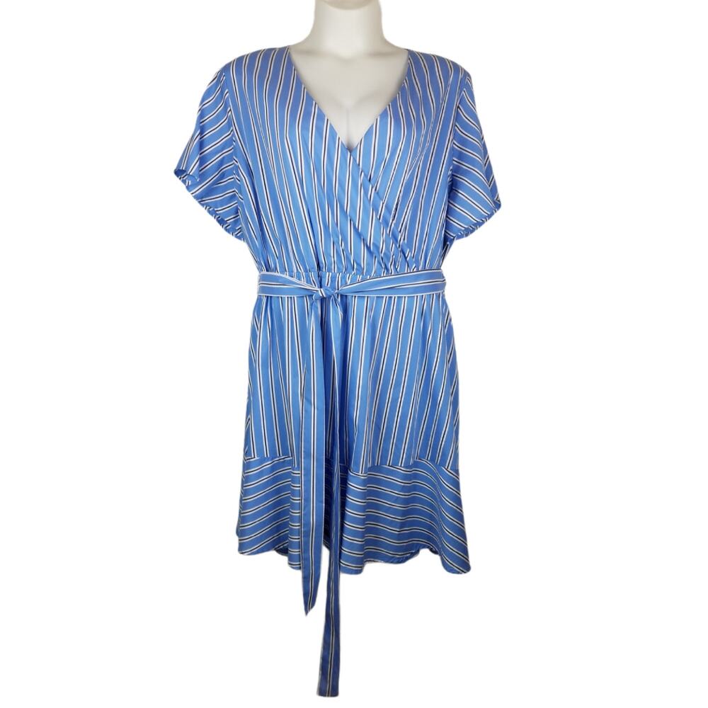 Lane Bryant 28 baby blue striped faux-wrap midi dress